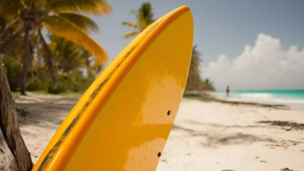 An image of a yellow surfboard on a beach