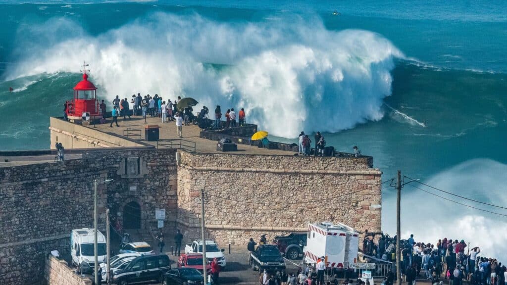 An image of a record breaking surf in Nazaré, Portugal 