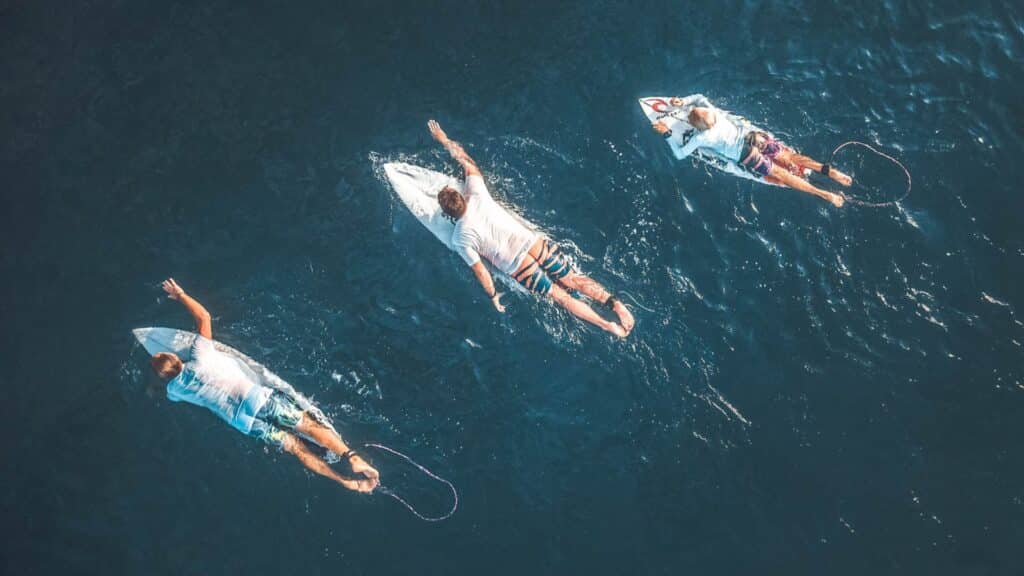 An image of three surfers paddling on their boards